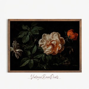 Vintage Dark Floral Oil Painting, Moody Rustic Roses Still Life Print, Victorian Dark Flower Botanical Art, Antique Digital Download | M136
