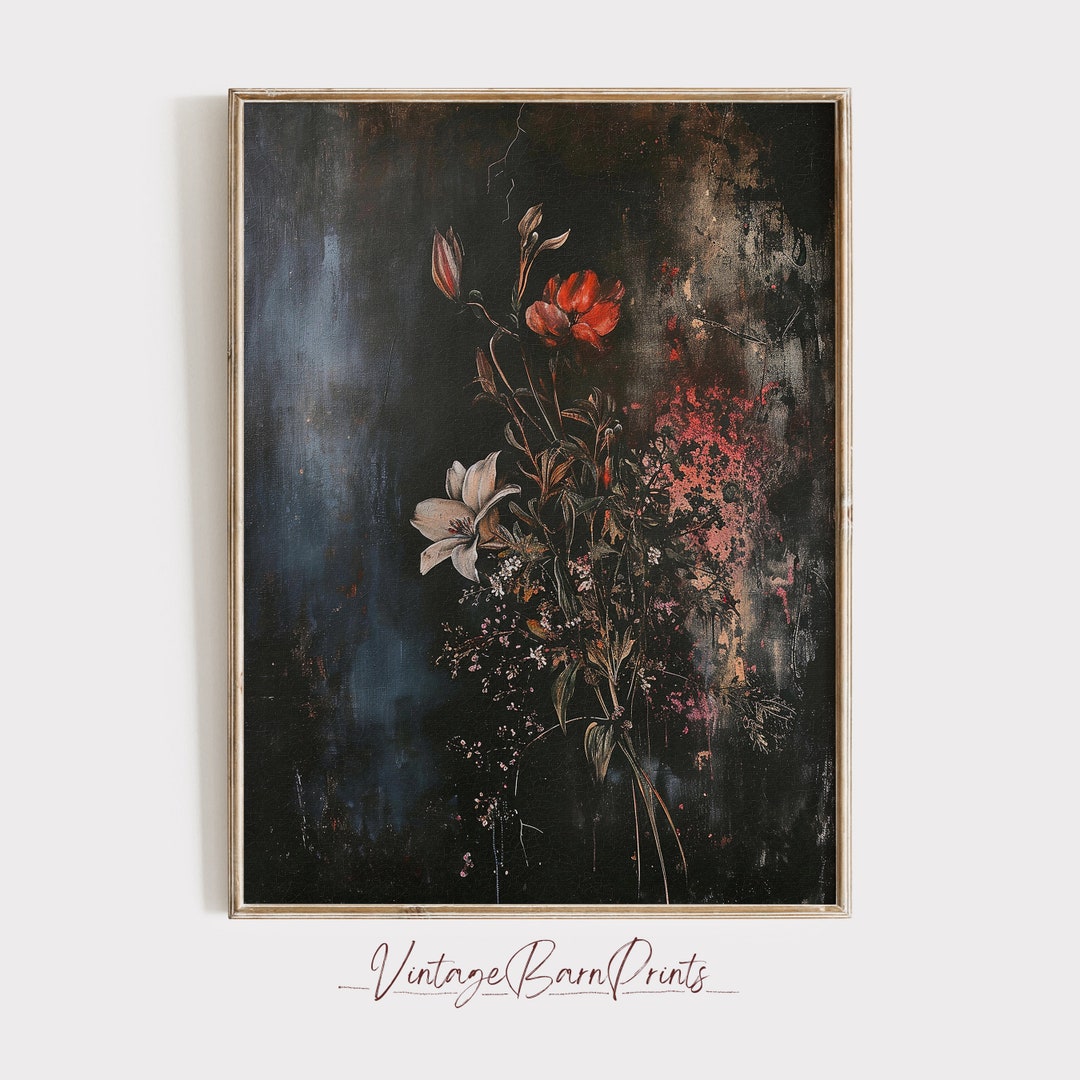 Vintage Moody Dark Flower Print, Dark Academia Botanical Wall Art ...