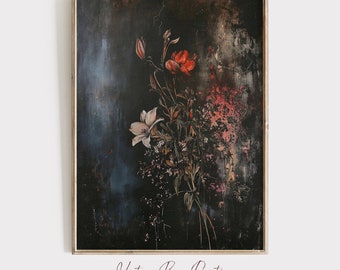 Vintage-Druck mit stimmungsvollen dunklen Blumen, botanische Wandkunst im Dark-Academia-Stil, florales Stillleben-Ölgemälde, druckbare digitale Antikkunst | M11