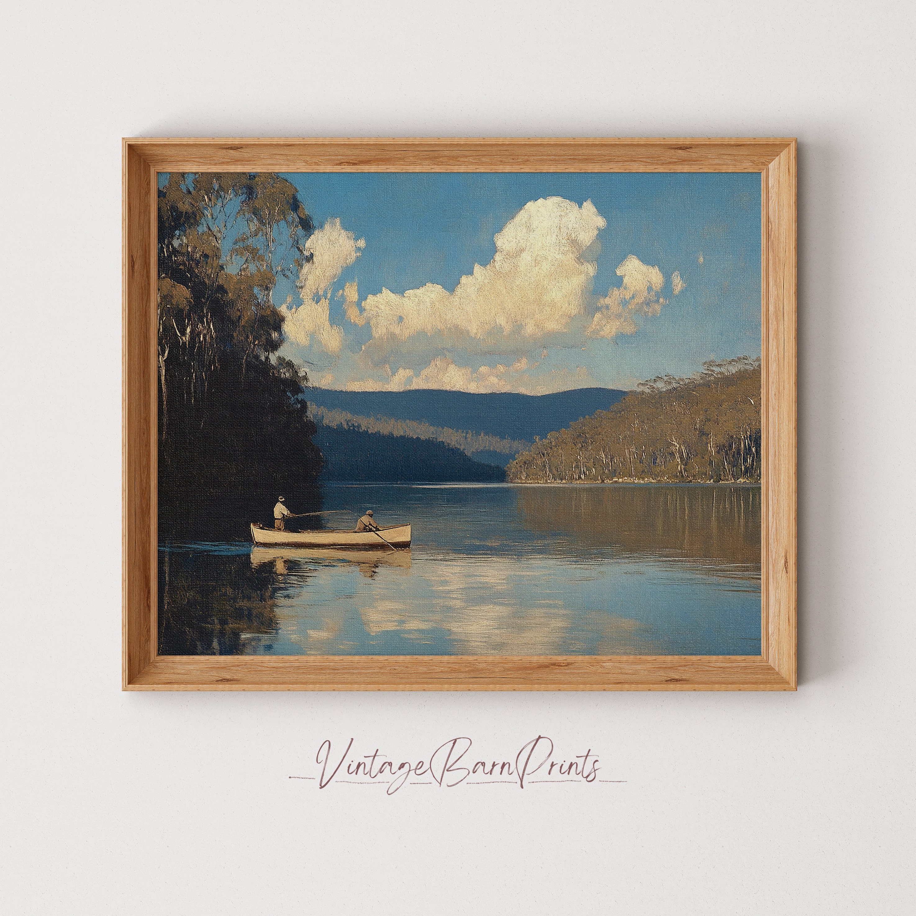 Vintage Fishing Boat Wall Art Print, Serene Lake Scene Painting, Rustic ...