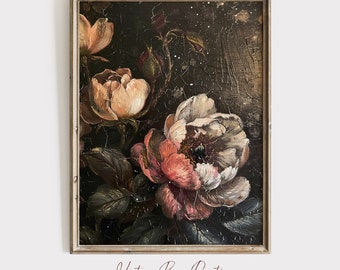 May include: A vintage framed painting of a floral still life. The painting features pink, white, and peach flowers with dark green leaves on a dark background.