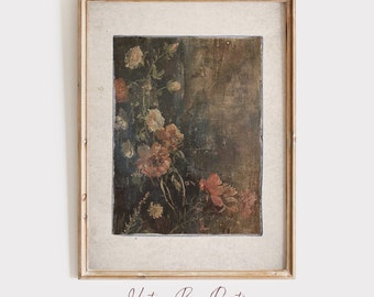 Antiker Blumendruck, Vintage Blumenmalerei, dunkle rustikale botanische Wandkunst, druckbare digitale Grafik | J11