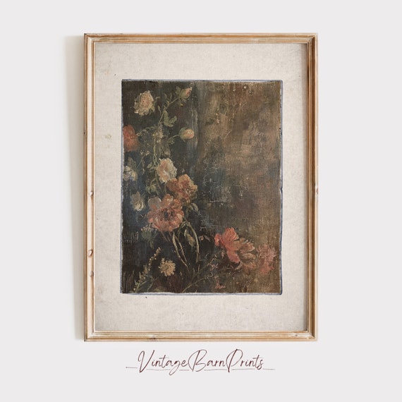 Antique Floral Art Print, Vintage Flower Painting, Dark Rustic Botanical Wall Art, Printable Digital Artwork | J11