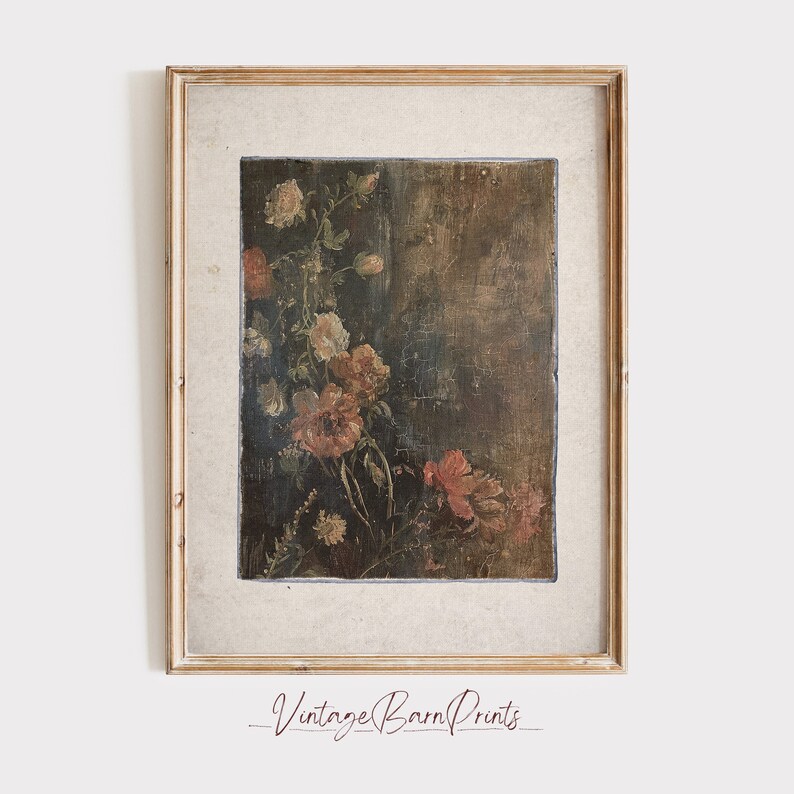 May include: A framed vintage print of a floral still life painting. The painting features a bouquet of pink, white, and yellow flowers with green leaves against a dark brown background.