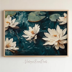 Elegant Water Lilies Wall Art Print, Floral Water Lily Painting, Green and White Lily Pond Art, Botanical Wall Decor, Digital Download| S121