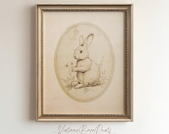 Vintage Bunny Sketch Wall Art, Antique Animal Illustration, Rustic Farmhouse Easter Decor, Soft Pencil Drawing Print, Digital Download, 5M1