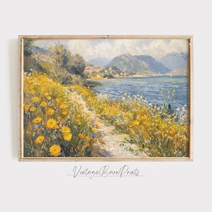 Op de afbeelding: Een vintage schilderij van een pad dat door een veld met gele bloemen naar een meer met bergen op de achtergrond leidt.