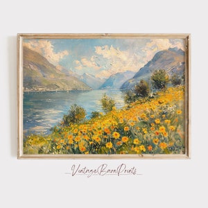 Golden Flowers Summer Mountainscape Oil Painting, Yellow Wildflower Meadow Landscape Print, Sunny Seascape Printable Art, Digital Art | M128