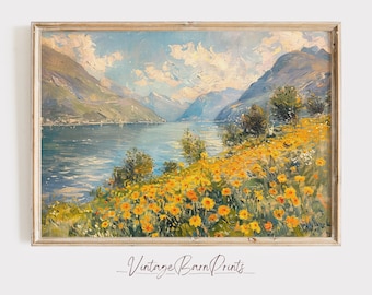 Golden Flowers Summer Mountainscape Oil Painting, Yellow Wildflower Meadow Landscape Print, Sunny Seascape Printable Art, Digital Art | M128