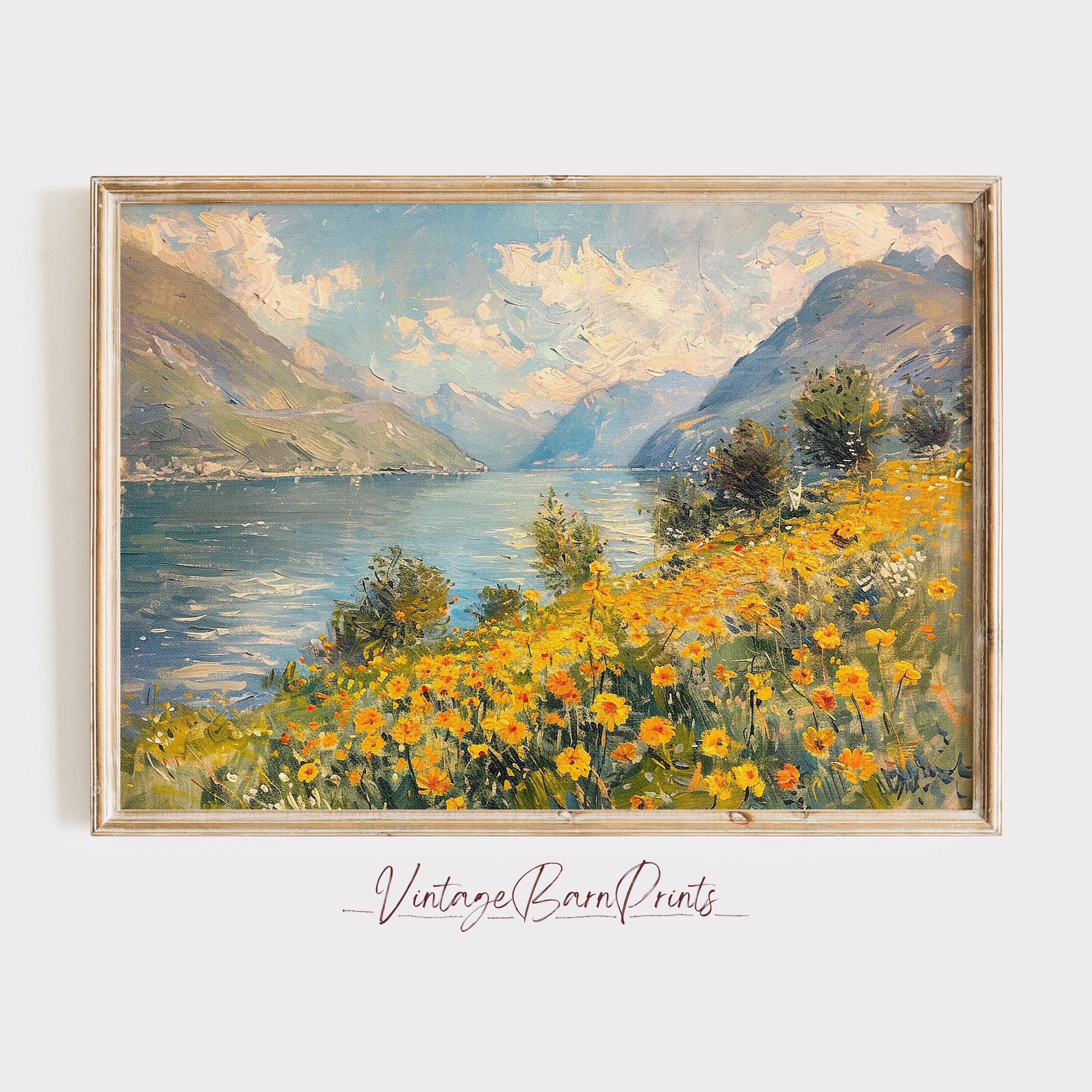 Golden Flowers Summer Mountainscape Oil Painting, Yellow Wildflower Meadow Landscape Print, Sunny Seascape Printable Art, Digital Art | M128