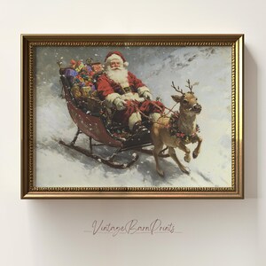 Vintage Santa Claus Reindeer Print, Christmas Wall Art, Winter Holiday Decor, Santa Sleigh Classic Painting, Digital Download O155
