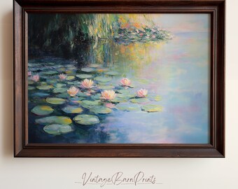 Impresión de arte mural impresionista de nenúfares, pintura de paisaje inspirada en Monet, arte para la decoración del hogar, descarga digital, S124