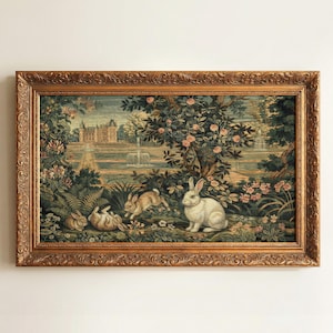 Tapiz francés vintage con diseño de bosque, marco para TV Samsung, conejitos de primavera en el bosque, 16x9. Descarga #M64