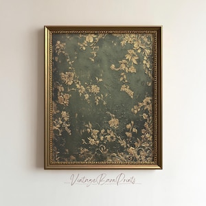 Vintage verzierte botanische Druck, dunkelgrüne und goldene Blumenwandkunst, klassisches elegantes antikes Dekor, digitaler Download, 5F8