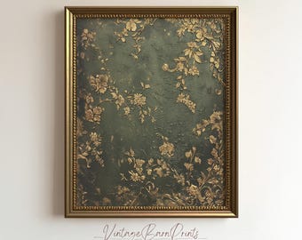 Vintage Ornate Botanical Print, Dark Green and Gold Floral Wall Art, Classic Elegant Antique Decor, Digital Download, 5F8