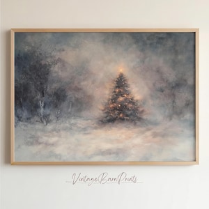 Vintage Winter Christmas Tree Painting Print, Festive Holiday Decor Wall Art, Cozy Winter Wonderland Scene, Digital Download, O135