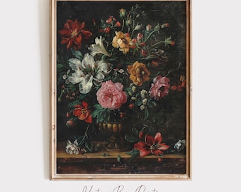 Dark Academia Botanische Wandkunst, Vintage schwermütige dunkle Blumendruck, Blumen Stillleben Ölgemälde, druckbare digitale antike Kunst | M14