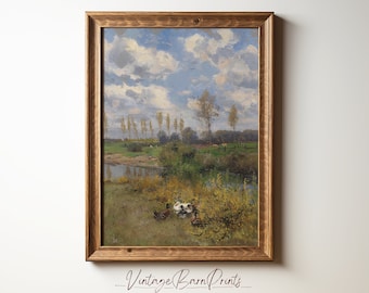 Vintage Spring Duck Oil Painting, Nature Country Landscape Duck Print, Nursery Farmhouse Decor, Antique Printable Art Digital Download | A12