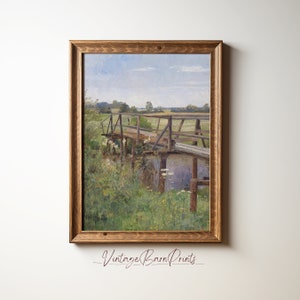Bridge Landscape Country Print, Vintage Farmhouse Oil Painting, Antique Decor Artwork, Printable Digital Download | A16