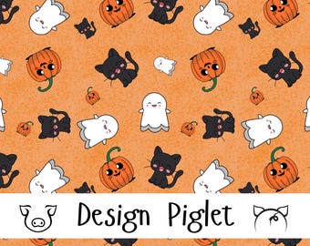 Cute Halloween Seamless File, Black Cat, Ghost, Pumpkin (Digital Download)