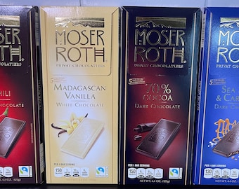 Barras de chocolate Moser Roth de chocolate alemán, paquete de 4: chocolate blanco de vainilla de Madagascar, chile oscuro, 70% cacao, sal marina y caramelo oscuro