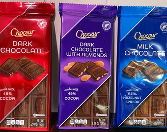 Choceur Austrian Chocolate 3 Pack: Dark Chocolate 49pct, Dark Chocolate 49pct with Almonds, Milk Chocolate with Hazelnut Spread 5.29oz each