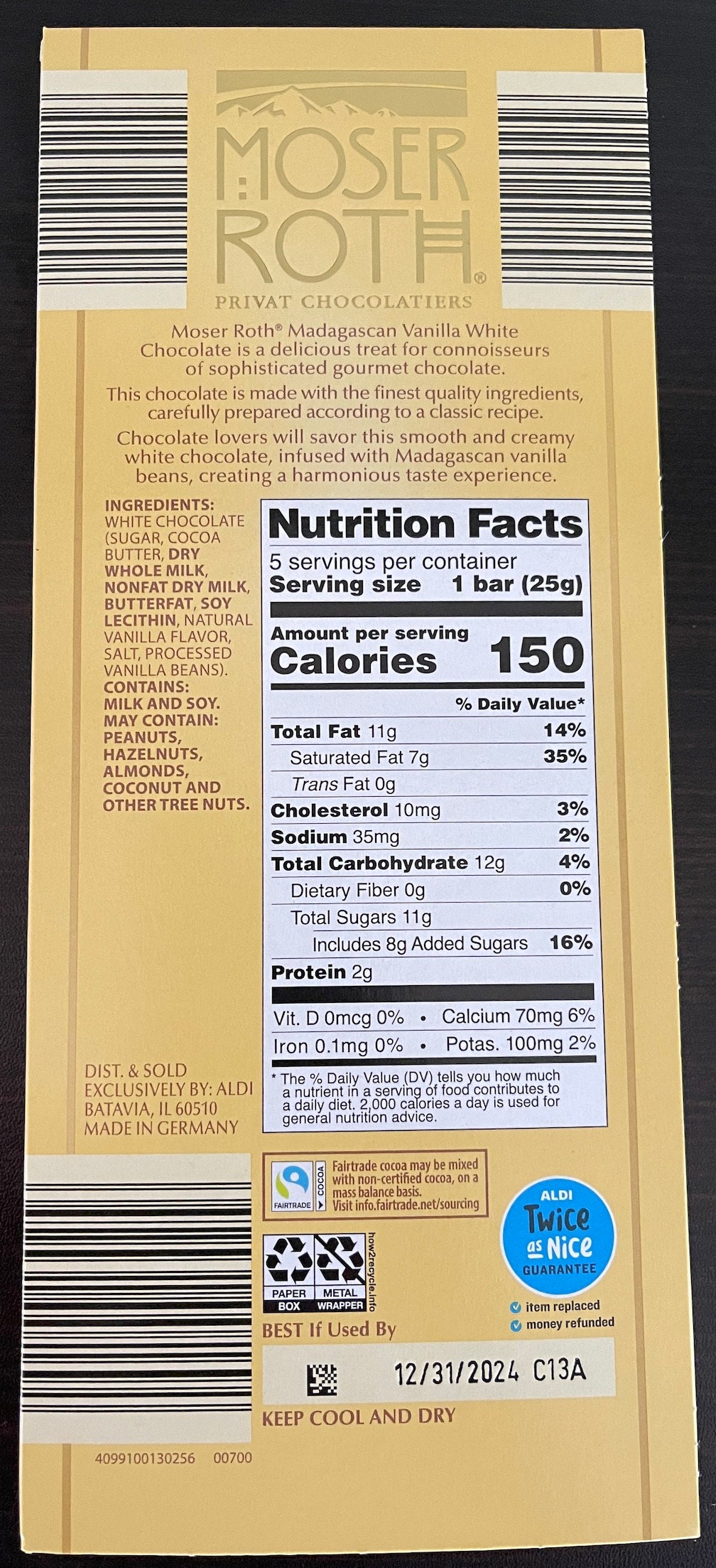 German Chocolate Moser Roth Chocolate Bars 4 Pack: White Madagascan ...