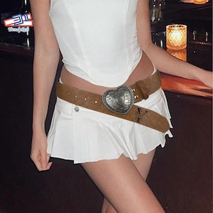 Personalized Womens Brown Leather Belt Custom Elastic Western Cowboy Waist Belt Vintage Heart Buckle Retro Country Style Gift