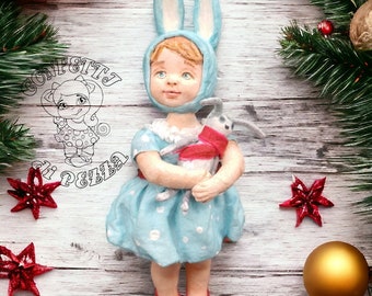 Vintage-Inspired Girl with Bunny Spun Cotton Christmas Ornament