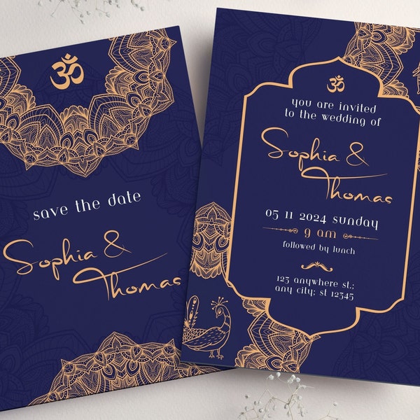 Digital Hindu Wedding Invitation Template with picture, Tamil, South Indian Traditional Canva Design for Sangeet Nikkah Events Save the date