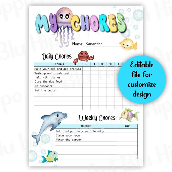 Under the sea Daily and Weekly chore wall poster for kids