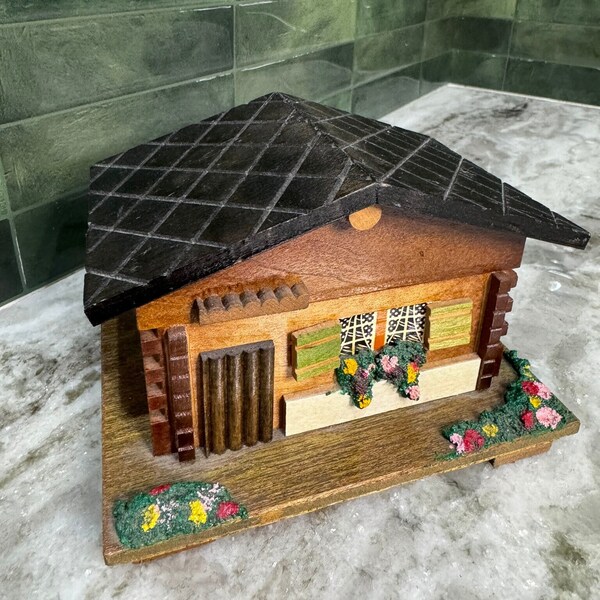 Japan Vintage Wooden Swiss Chalet Cottage Music Box- Plays Somewhere My Love