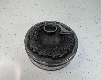 Vintage Metzke Pewter Wreath Tin with Horn - Christmas Cookie Container, Unique gift idea