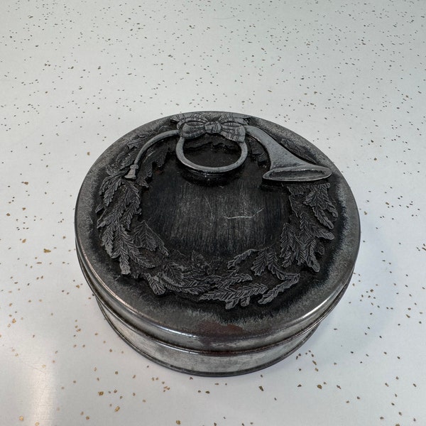 Vintage Metzke Pewter Wreath Tin with Horn - Christmas Cookie Container, Unique gift idea