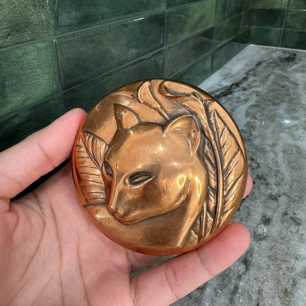 Vintage Copper Big Cat and Calla Lily Paperweight
