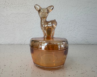 Vintage Jeanette Marigold Carnival Glass Powder Dish with Deer Top, Unique Gift Idea