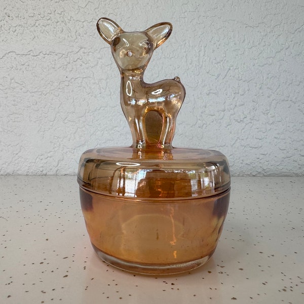 Vintage Jeanette Marigold Carnival Glass Powder Dish with Deer Top, Unique Gift Idea