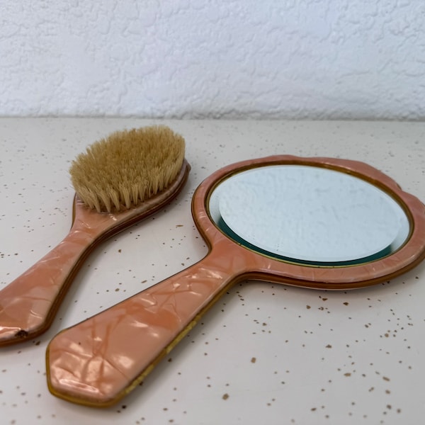 Vintage Celluloid Hand Mirror and Hairbrush Set, Peach Tone Vanity Set, Gift for Mom