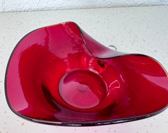 Vintage Ruby Red Glass Candy Dish, Unique Curled Design, Unique gift idea