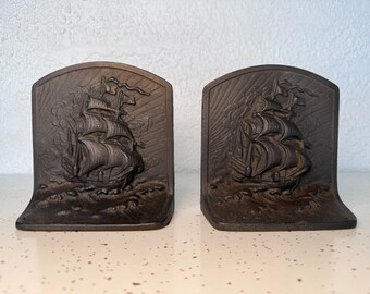 Vintage Brass Sailing Ship Bookends - Set of 2, Unique gift idea