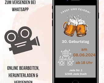 Send a digital 30th birthday invitation via WhatsApp | Personalize your birthday invitation with a photo | eCard with Canva template | Men