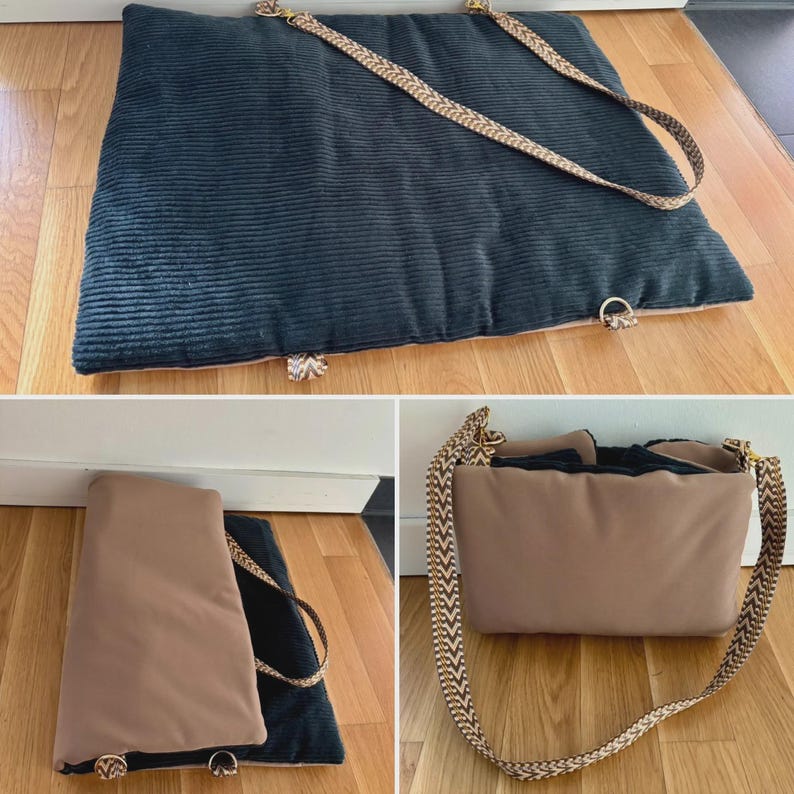 May include: A dark teal corduroy tote bag with a braided strap and gold-colored hardware. The bag is rectangular and has a tan interior. The strap is a mix of tan and brown. The bag is shown in multiple views.