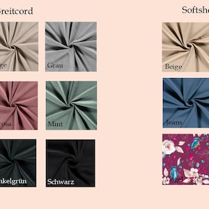 May include: A fabric swatch chart featuring various colors and textures. The left side displays Breitcord fabrics in shades like cream, beige, and gray. The right side showcases Softshell fabrics, including beige, camel, and floral patterns. The chart includes color names.