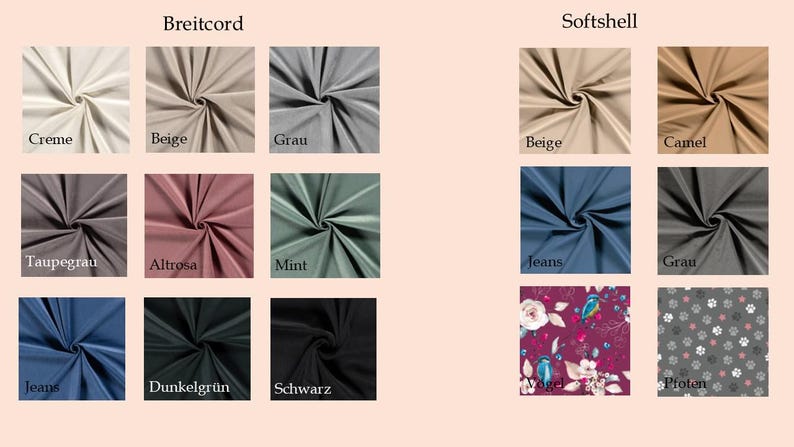 May include: A fabric swatch chart featuring various colors and textures. The left side displays Breitcord fabrics in shades like cream, beige, and gray. The right side showcases Softshell fabrics, including beige, camel, and floral patterns. The chart includes color names.