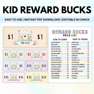 Kids Reward Bucks Printable, Chore Bucks, Kids Belohnungsgutscheine, Pastell Mom Bucks druckbar, Belohnungssystem für gutes Benehmen für Kinder, Canva Link