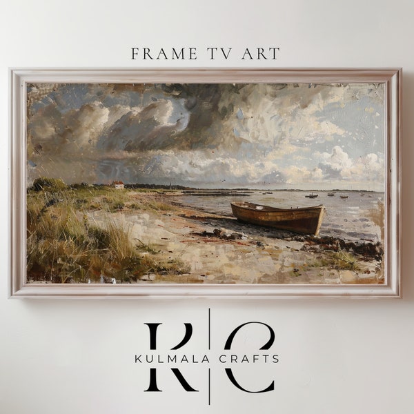 Samsung Frame TV Art | Vintage Frame Art TV | Summer Frame TV Art Boat at the Beach | Vintage Coastal Painting | Digital Download | Nautical