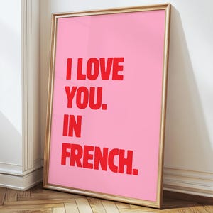 Te amo en francés, arte de pared de moda, póster con cita romántica de amor en francés, decoración de dormitorio, póster con cita "Je Taime", descarga digital