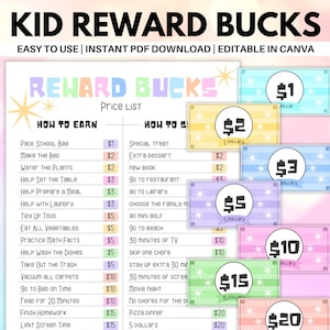 Kids Reward Bucks Printable, Chore Bucks, Kinder Belohnungsgutscheine, Mom Bucks druckbar, Good Behaviour Bucks, Belohnungssystem für Kinder, Canva Link