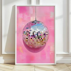 Póster de arte de pared con bola de discoteca, bola de discoteca glamorosa maximalista, arte de pared rosa para baño elegante, decoración de dopamina, descarga digital