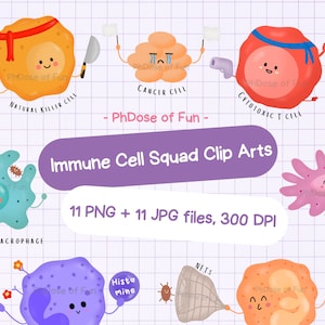 Pegatinas de glóbulos blancos lindas Imágenes digitales de células inmunes Clip Arts - Descarga digital instantánea Hematología Inmunología Biología Ciencia STEM